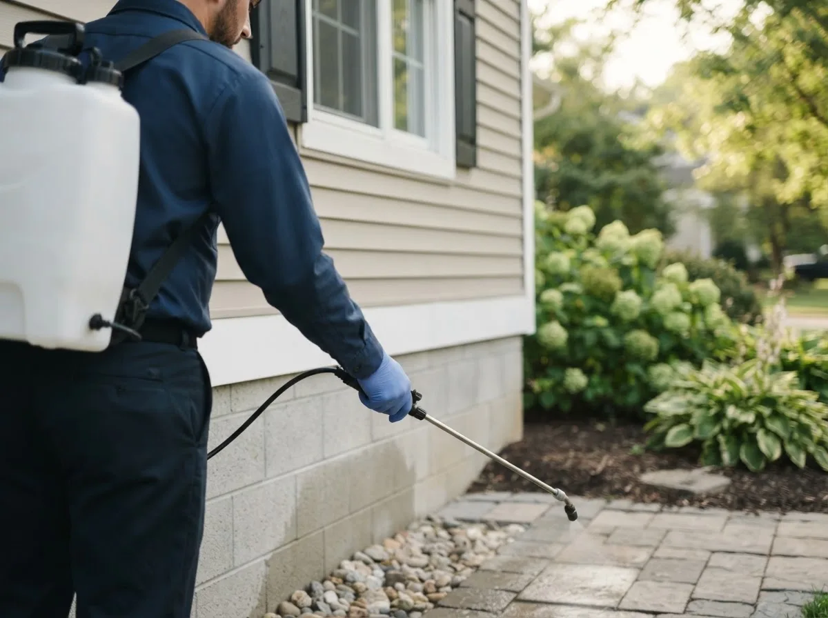 Pest control technician inspecting a home in Lakeview, MI